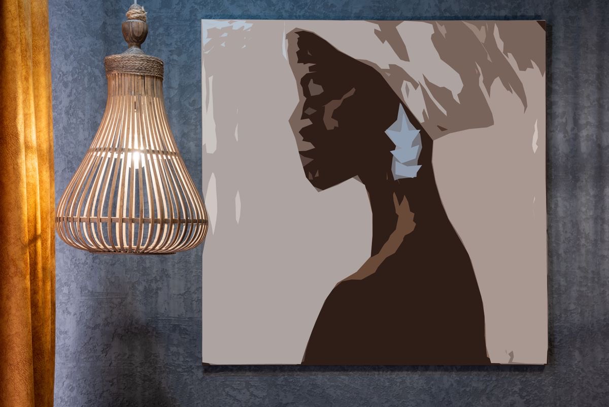 Warm modern interior with pendant lamp and dark grey wall